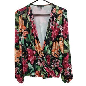 Boston Proper Womens BOHO Top Medium Multi Floral Faux Wrap Long Sleeve Carrier